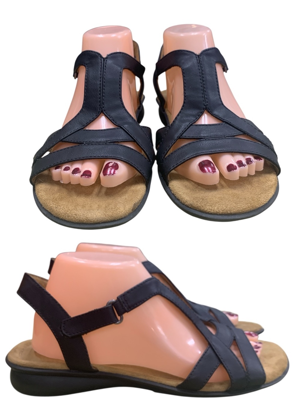 Natural Soul Black T-Strap Slingback Sandals S9.5